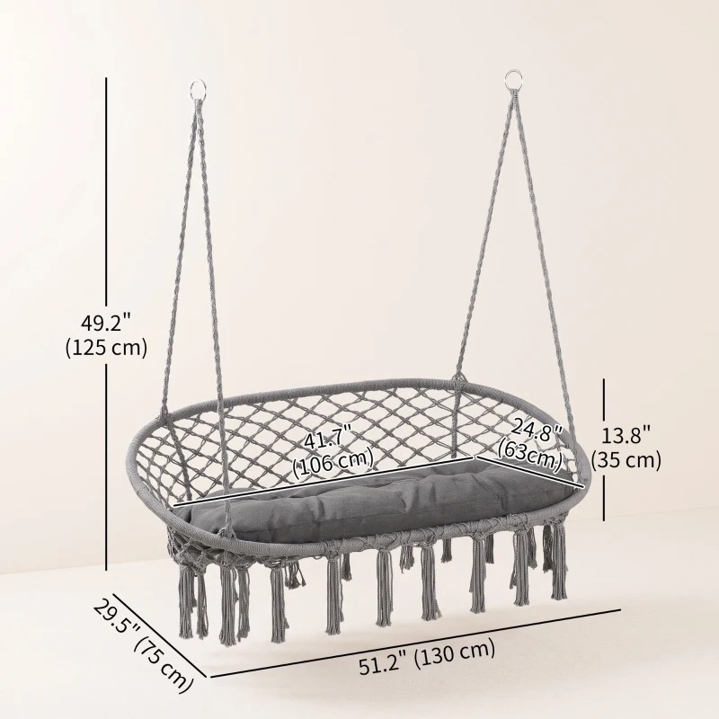 Outsunny Patio Hammock Chair 2 Seat, Hanging Rope Hammock Swing Chair with Metal Frame and Cushion, Large Macrame Seat for Indoor and Outdoor 396 lbs Capacity, Dark Grey