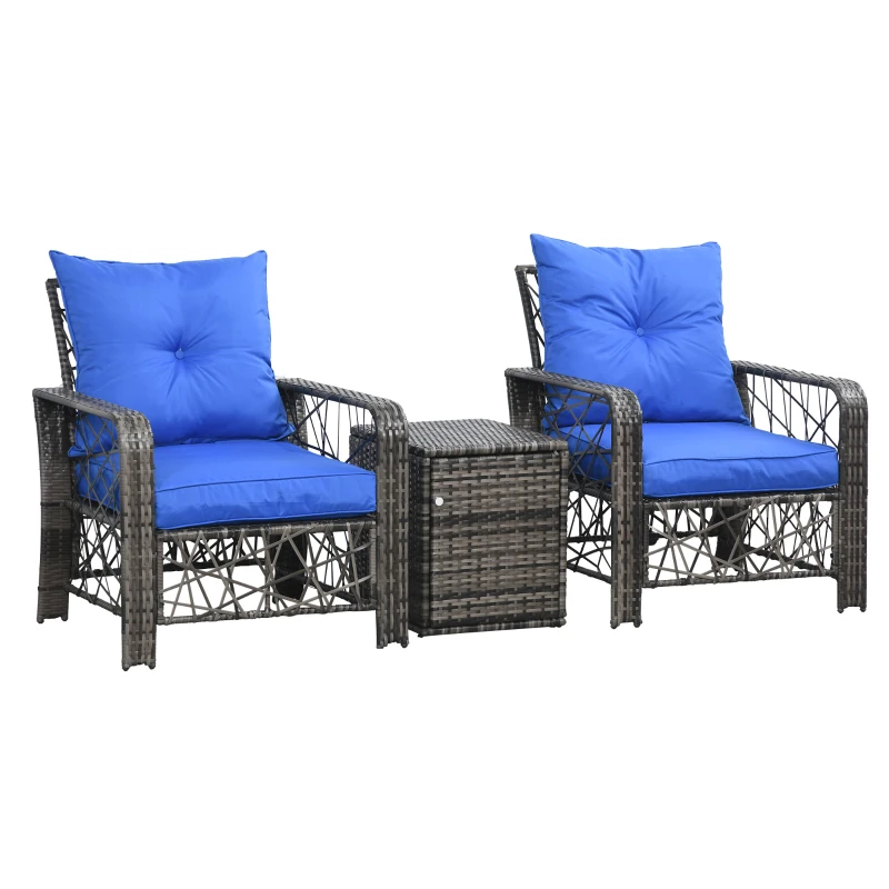 Outsunny 3 Pieces Wicker Patio Furniture Set, Rattan Bistro Set with Storage Coffee Table and Thickened Cushions, Outdoor Conversation Set for Garden, Porch, Balcony, Blue