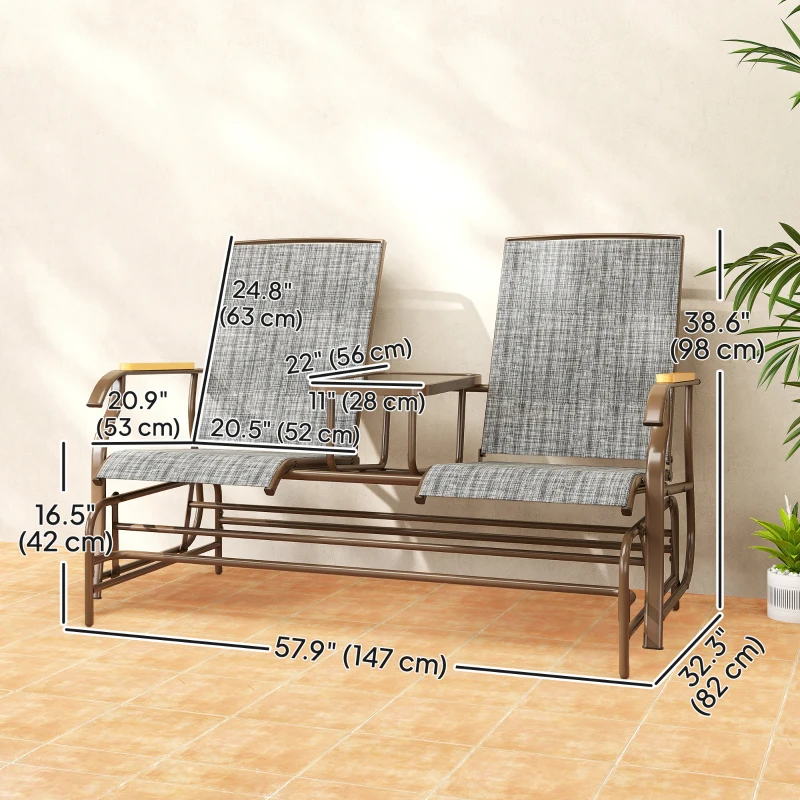 Outsunny Outdoor 2-Person Glider Bench, Outside Swing Glider Chair Loveseat with Breathable Mesh, Table, Steel Frame