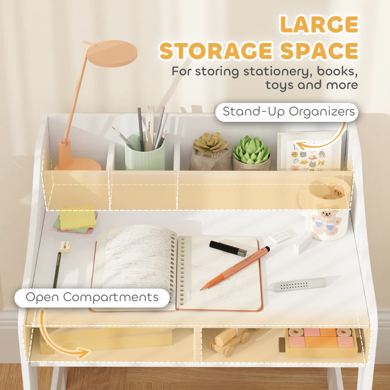 Qaba Kids Desk and Chair Set with Storage and Shelves, for Bedroom & Study Room, Gift for 3-8 Years Old, White