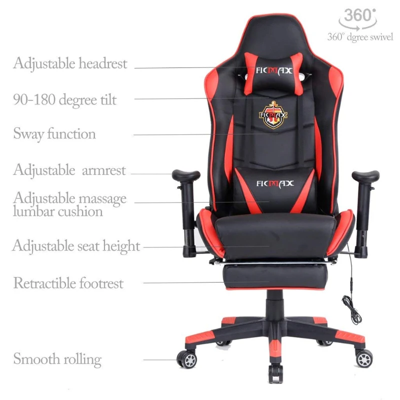 Ficmax Large Size Executive Racing Style Computer Gaming Chair with Lumbar Massage Support and Retractible Footrest - Red/Black