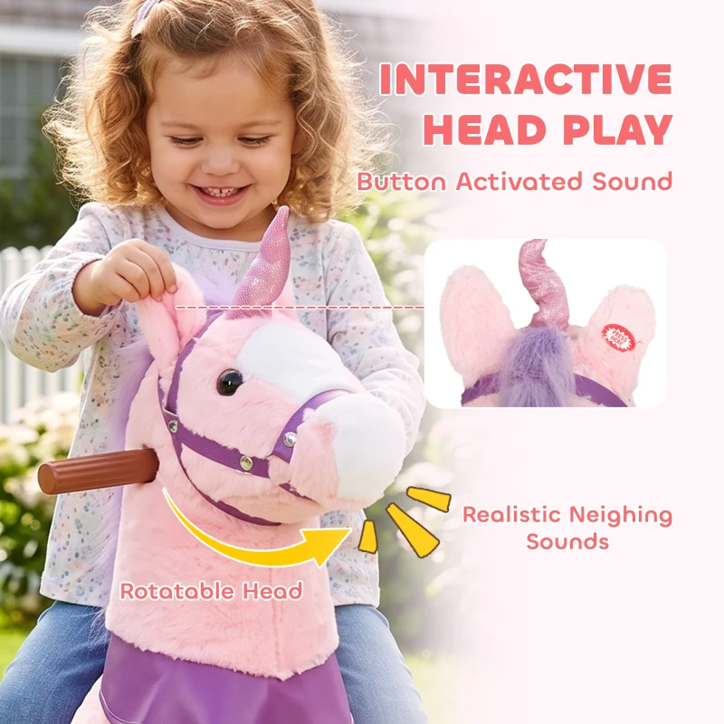 Qaba Ride on Horse for Kids 2+ Years, 29.5" Height Plush Ride On Pony Riding Horse with Rotatable Head and Sounds, Pink