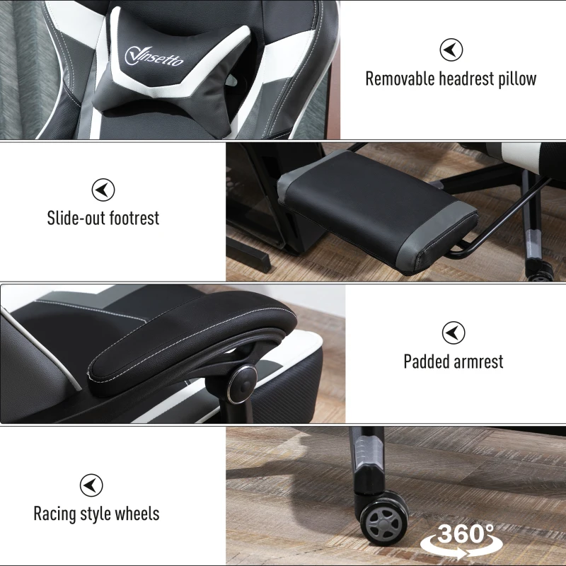 Vinsetto High Back Gaming Chair, Racing Style Ergonomic Computer Desk Chair with Adjustable Height, Retractable Footrest, Headrest and Lumbar Support, Grey