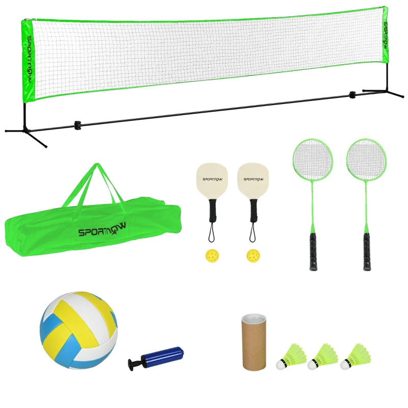 Soozier Portable Badminton Set, Pickleball Volleyball Net with 3 Shuttlecocks, 4 Rackets, for Indoor Outdoor, Beach, Backyard