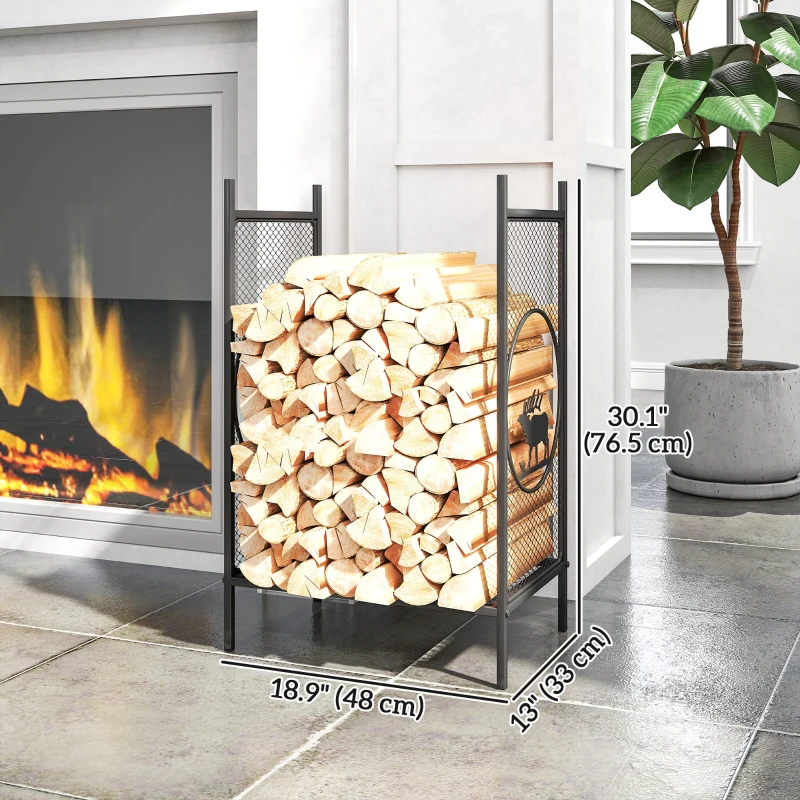 Outsunny Firewood Rack Outdoor, 19" Heavy Duty Metal Fireplace Log Holder with Mesh Sides and Decorative Deer Patterns
