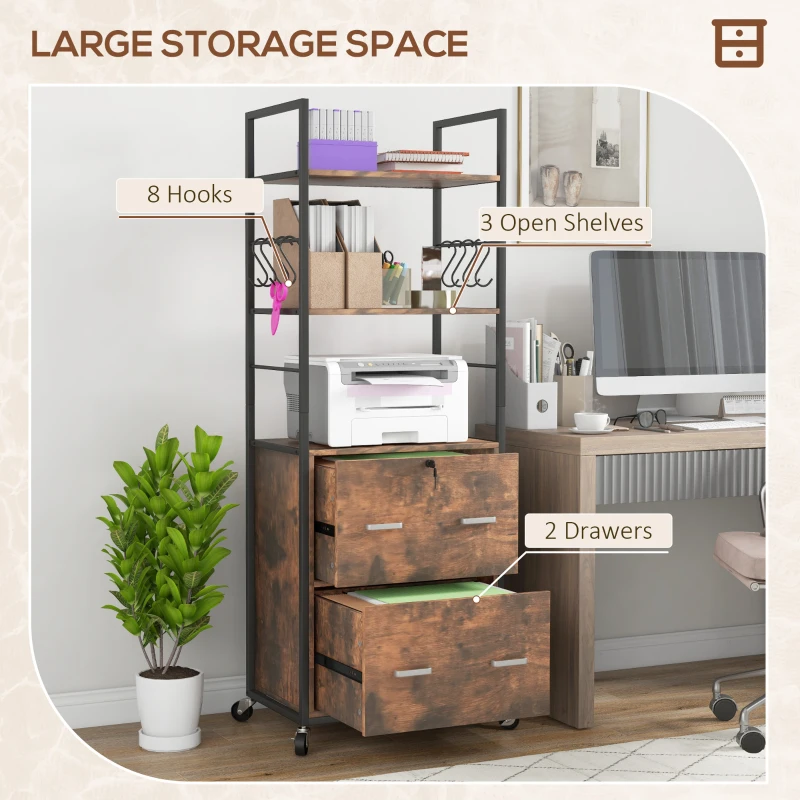 Vinsetto Mobile Filing Cabinet 2 Drawer File Cabinet with Key Adjustable Hanging Bar for Letter A4 and Legal Size Rustic Brown