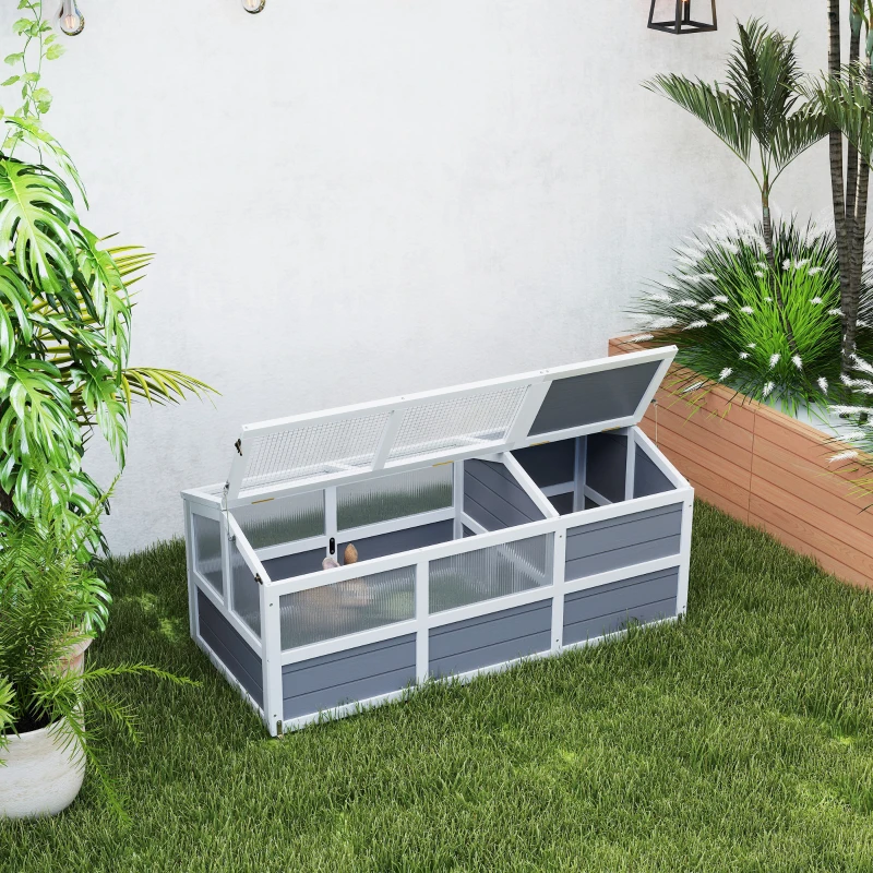 PawHut Wooden Tortoise Habitat Outdoor w/ Bottomless Design, Doors, PC Sun Panel Windows, for Small Animals, Rabbit, Light Gray