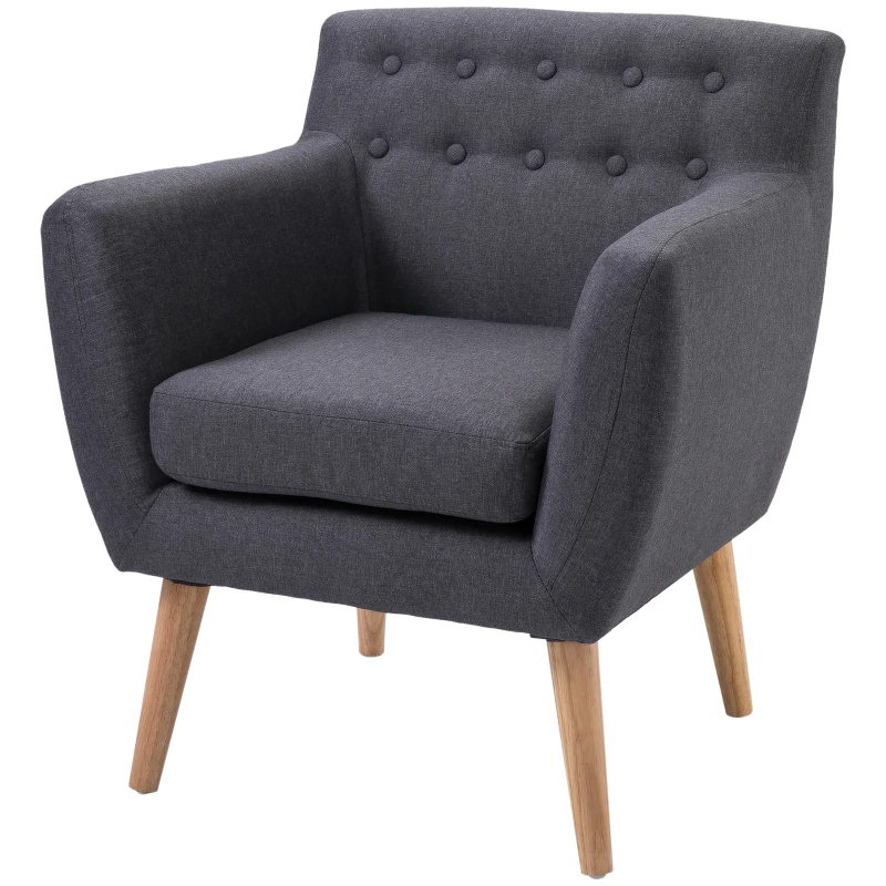 HOMCOM Linen Upholstery Armchair, Mid-Century Modern Accent Chair with Wood Frame and Thick Padding, Dark Grey