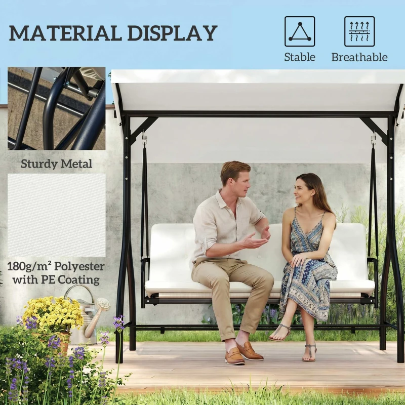 Outsunny Convertible Patio Swing Bed with Canopy and Cushions, 3 Seater Porch Swing for Outdoor, Backyard, Garden, Cream White