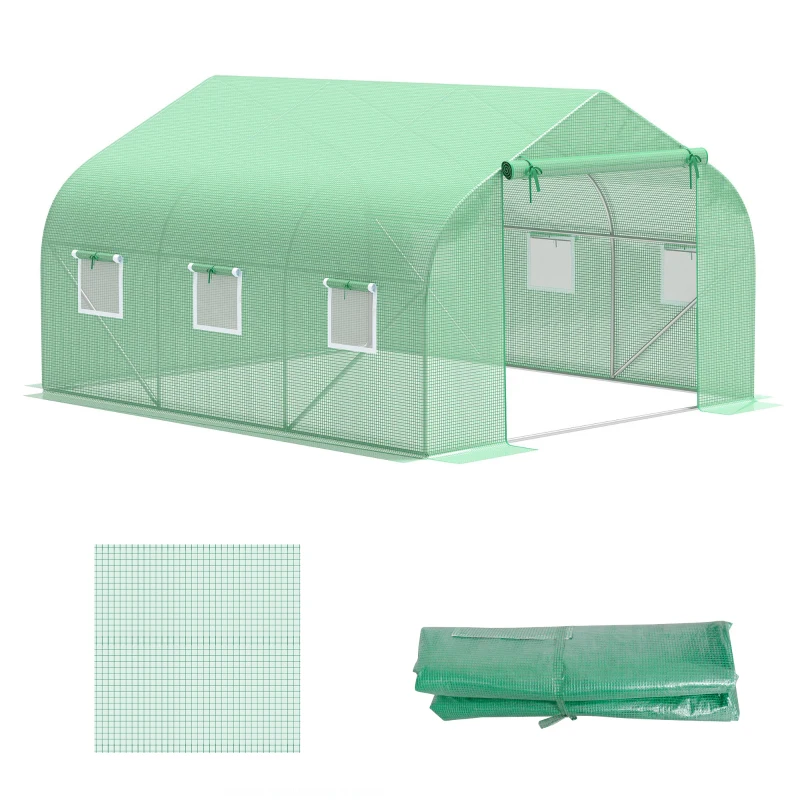 Outsunny Greenhouse Replacement Cover for 11.5' x 9.8' x 6.6' Walk-in Tunnel PE Hot House Cover with Zipper Door and 6 Roll Up Windows, Green (Frame Not Included)