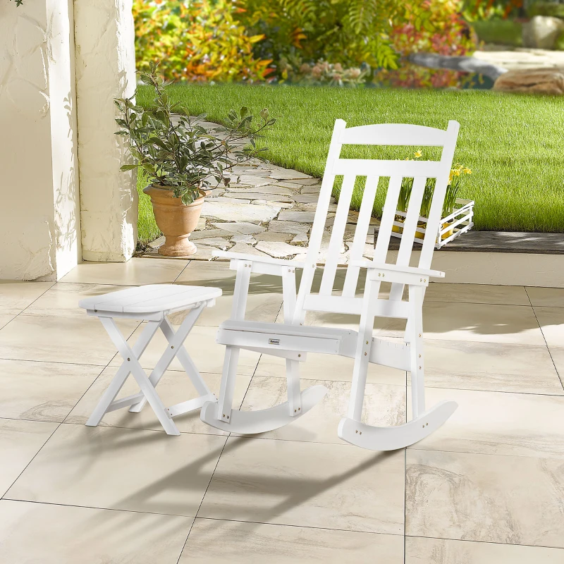 Outsunny 2 Pieces Wood Patio Bistro Set, Outdoor Rocking Chair Set with Armrests and High Back Rocking Chair and Portable Side Table, for Indoor, Outdoor, Patio, Backyard, White
