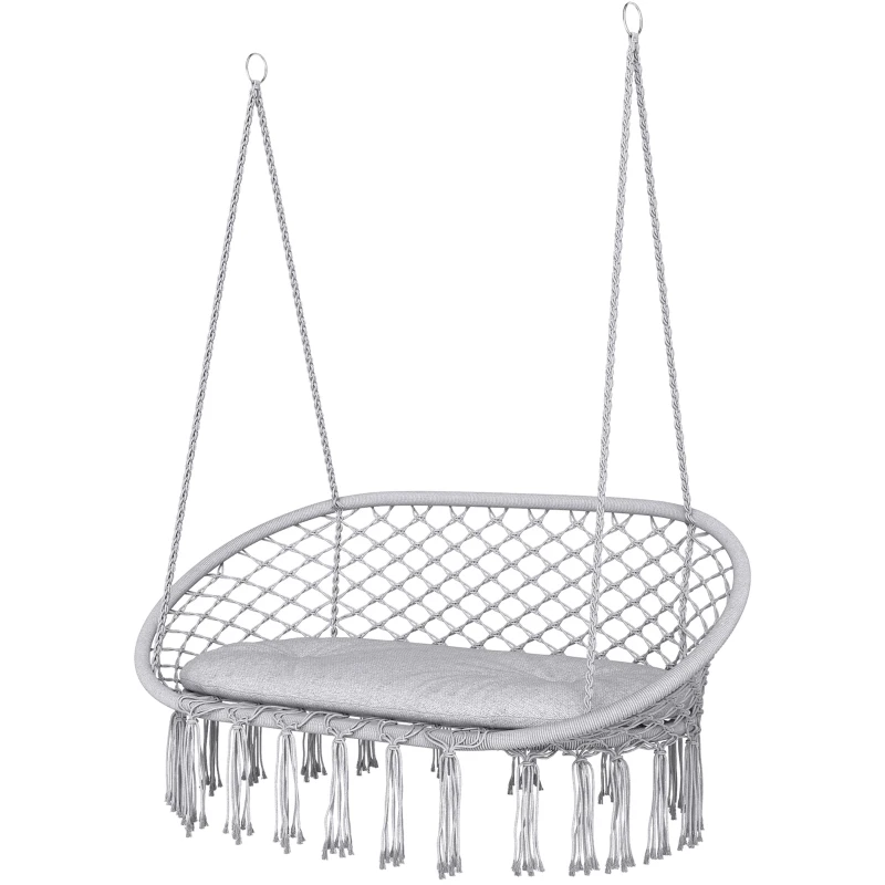 Outsunny 2-Person Hammock Chair Macrame Swing with Soft Cushion, Hanging Cotton Rope Chair for Indoor Outdoor Home Patio Backyard, Light Gray