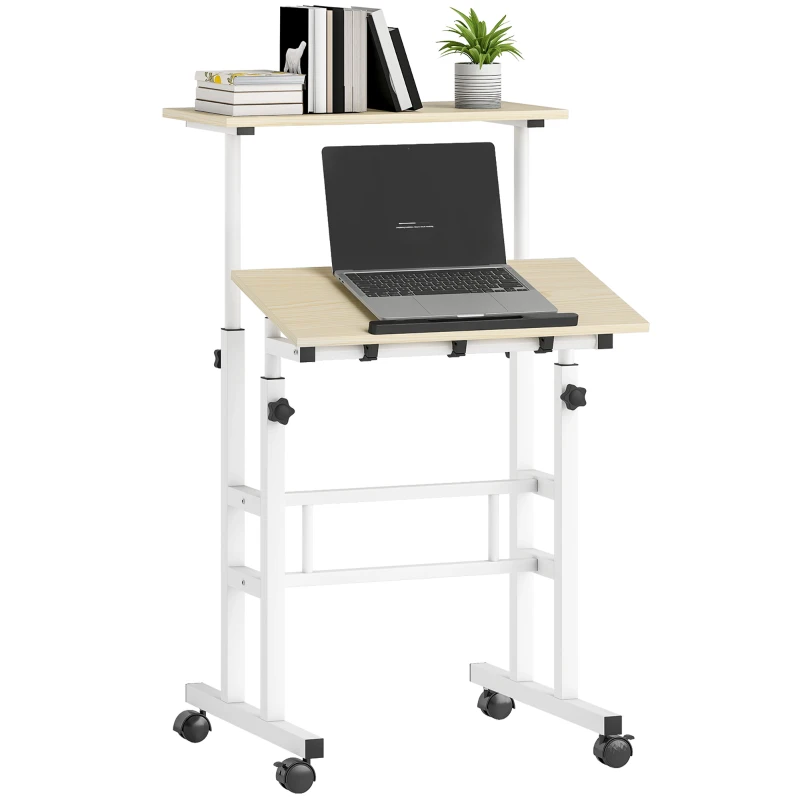 HOMCOM Stand Up Desk, Height & Angle Adjustable Computer Desk with Wheels for Standing or Sitting, Laptop Table, Natural
