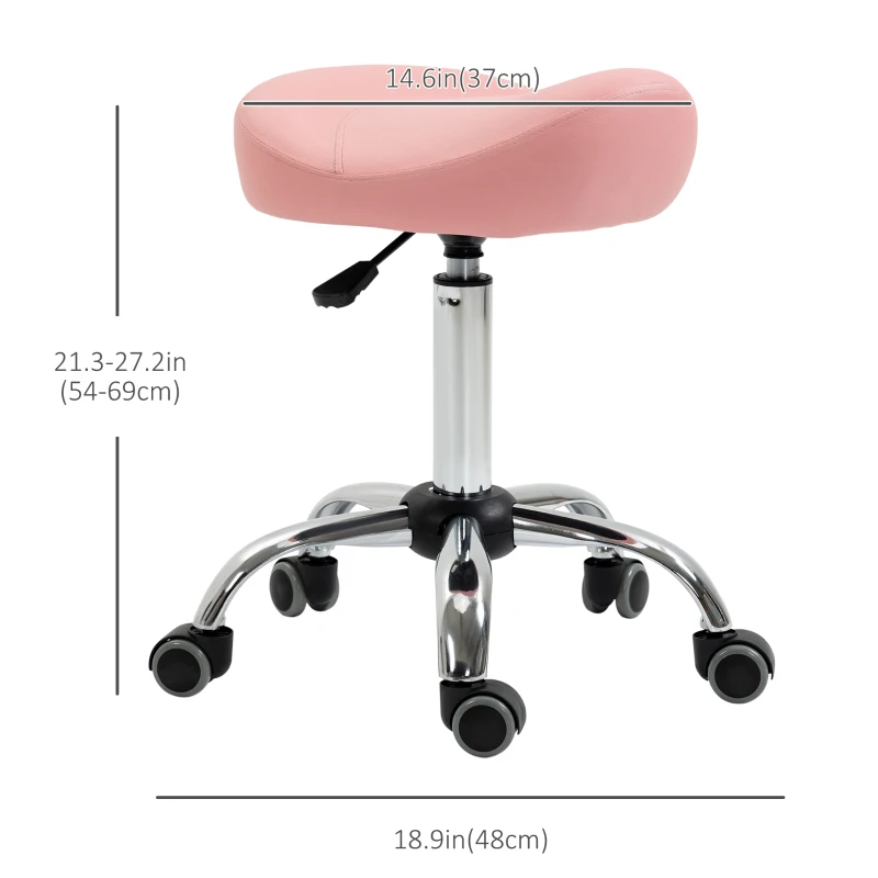 HOMCOM Ergonomic Saddle Stool with Wheels, Adjustable PU Leather Saddle Chair, 360° Swivel, NO Back Pain, Healthy Posture, Salon Chair for Massage Medical Home, Pink