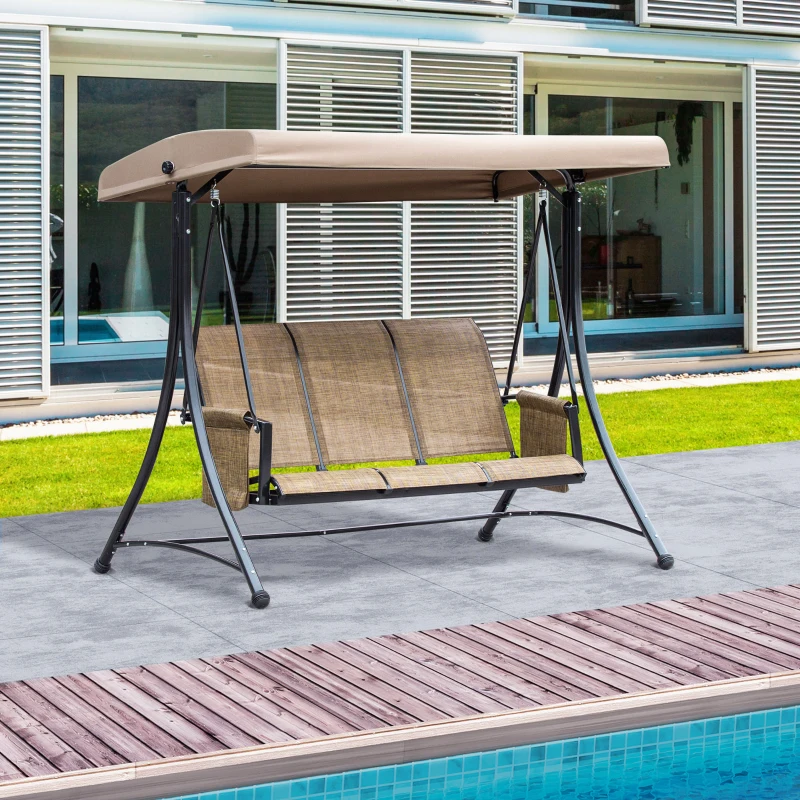 Outsunny 3-Seat Patio Swing Chair, Outdoor Porch Swing Glider with Adjustable Canopy, Side Pouches, Breathable Seat and Back, for Garden, Poolside, Backyard, Brown