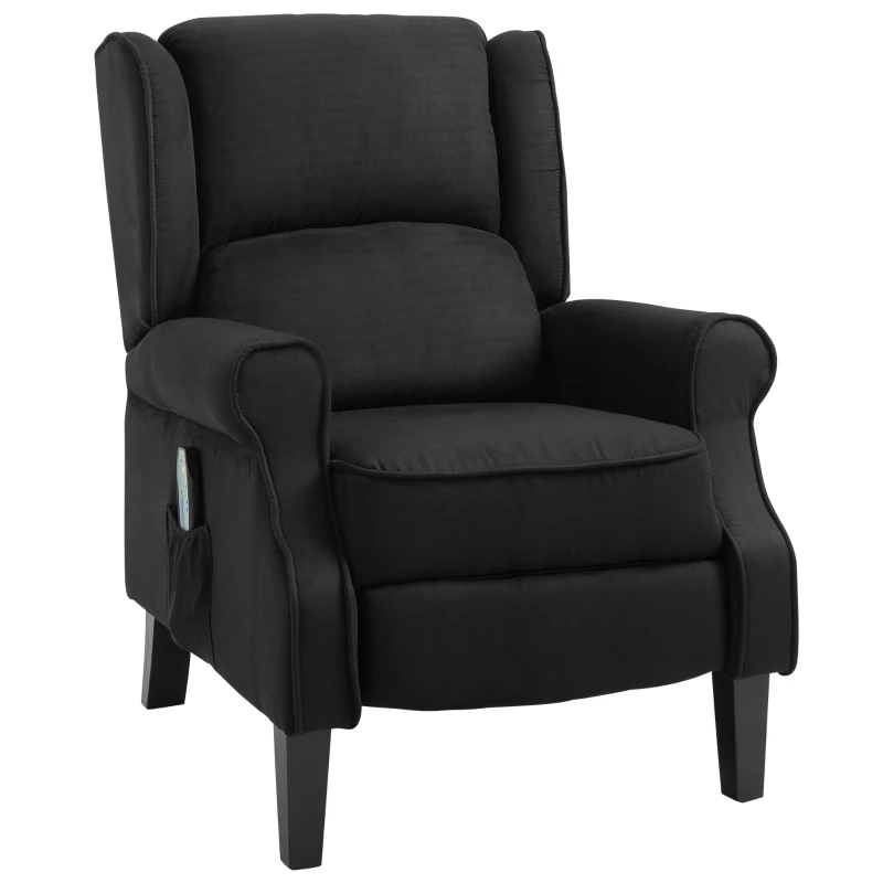 HOMCOM Vibration Massage Recliner Chair for Living Room with Heat,  Wingback Single Sofa, Modern Suede Fabric Push Back Reclining Chair with Footrest, Side Pocket, Black