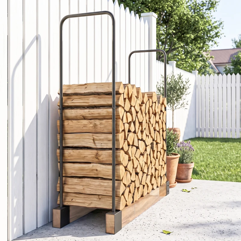 Outsunny DIY Firewood Rack with Customisable Width, Heavy Duty Steel Log Store Indoors, Log Storage Bracket Holder, Black
