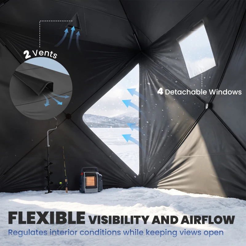 Outsunny 4 Person Pop-Up Ice Fishing Tent, Portable Ice Fishing Shelter With 4 Detachable Windows, Black