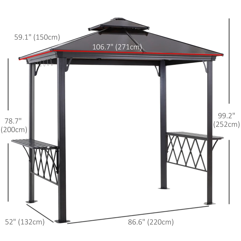 Outsunny Outdoor Hardtop Grill Gazebo Cooking BBQ Canopy w/ 6 Hooks for Utensils and Double Vented PC Roof, Coffee