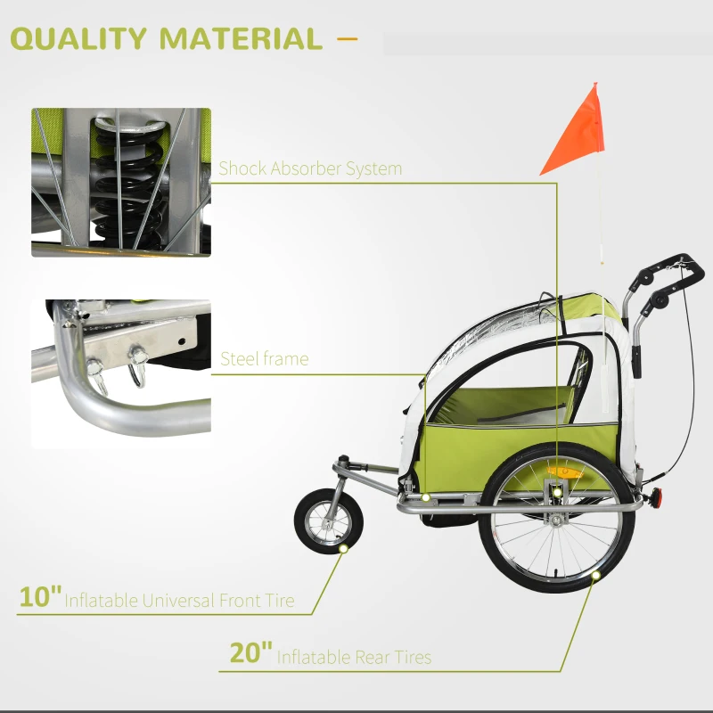 Aosom Elite 360 Swivel Bike Trailer for Kids Double Child Two-Wheel Bicycle Cargo Trailer With 2 Security Harnesses, Green