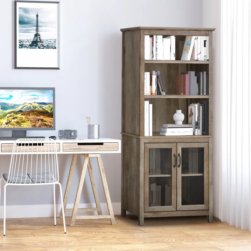 HOMCOM 71" Bookcase Storage Hutch Cabinet with Adjustable Shelves and Glass Doors for Home Office, Kitchen, Living Room, Natural Wood