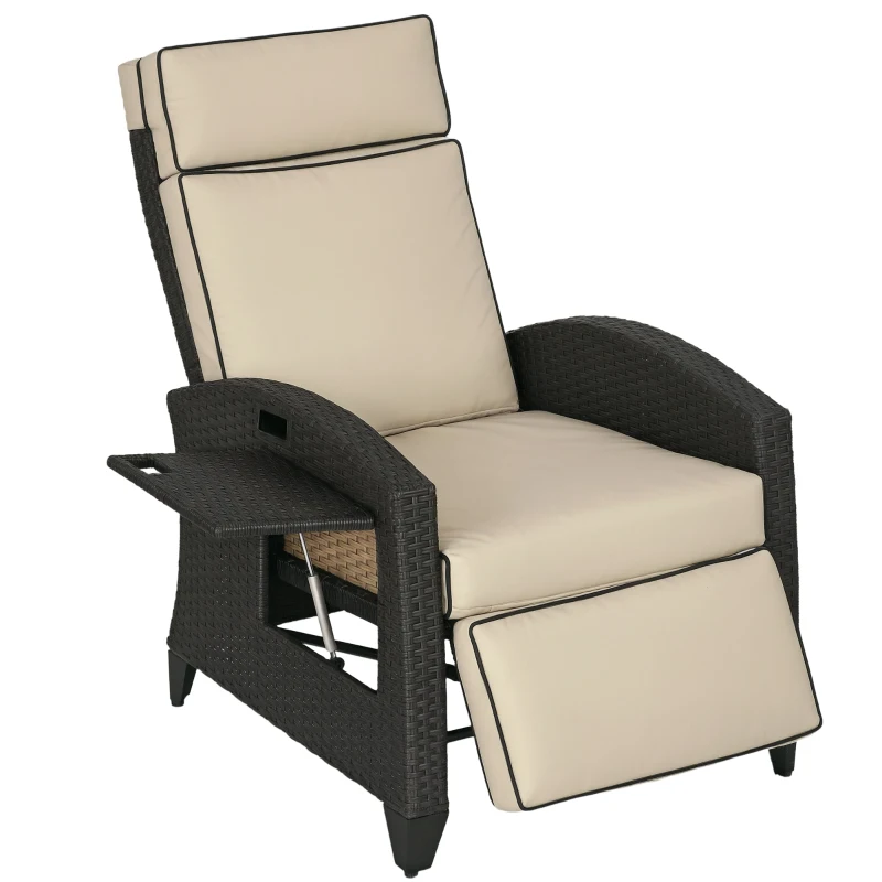 Outsunny Outdoor Recliner Chair with Adjustable Backrest, Cushion, Side Tray, Khaki