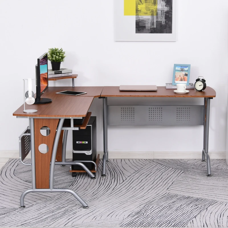 HOMCOM L-Shaped Corner Computer Office Desk Workstation with Elevated Shelf, Rolling Keyboard Tray, & Convenient CPU Stand, Brown