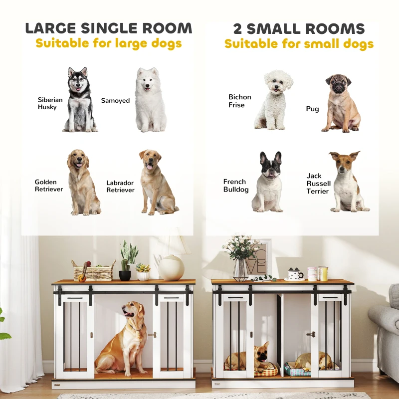 PawHut 47in Dog Crate Furniture with Divider Panel, Wooden Dog Kennel TV Stand for Large Breeds, Pet House Side Table for 2 Small Breeds with 2 Rooms Design, 2 Sliding Doors, White