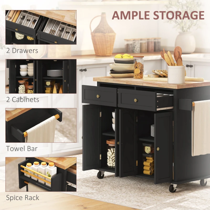 HOMCOM 44" Mobile Kitchen Island Table, Kitchen Island Cart on Wheels with Storage Cabinets, 2 Drawers, Black