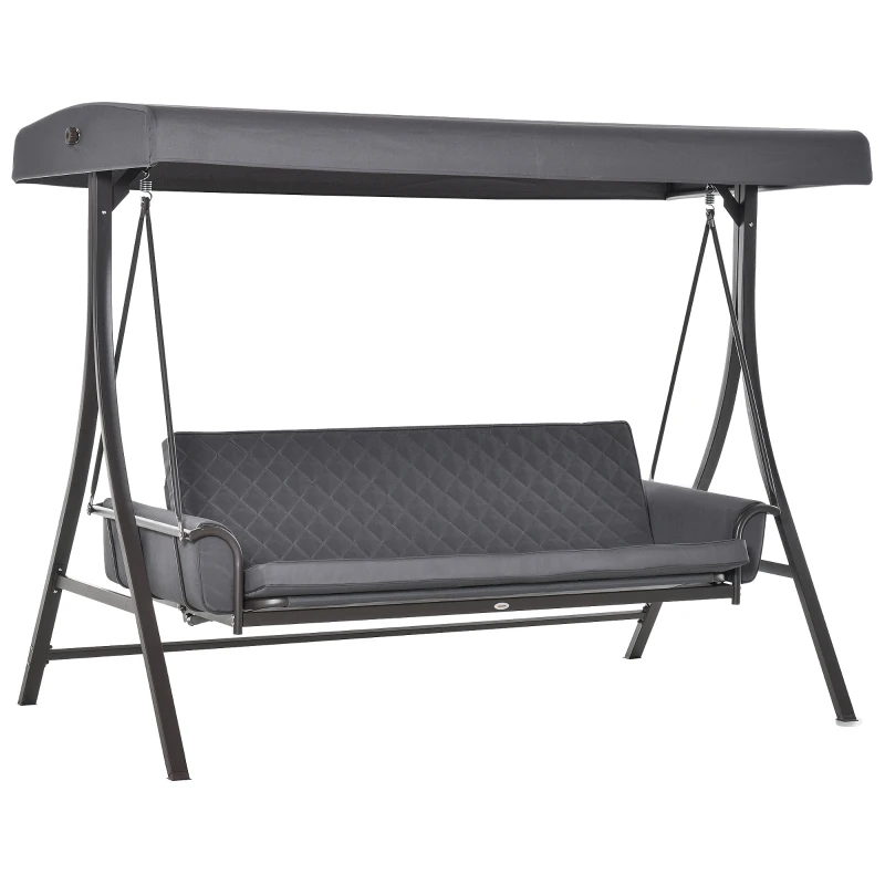 Outsunny 3 Person Porch Swing Bench with Adjustable Canopy, Cushions, Pillows for Porch and Backyard, Dark Grey