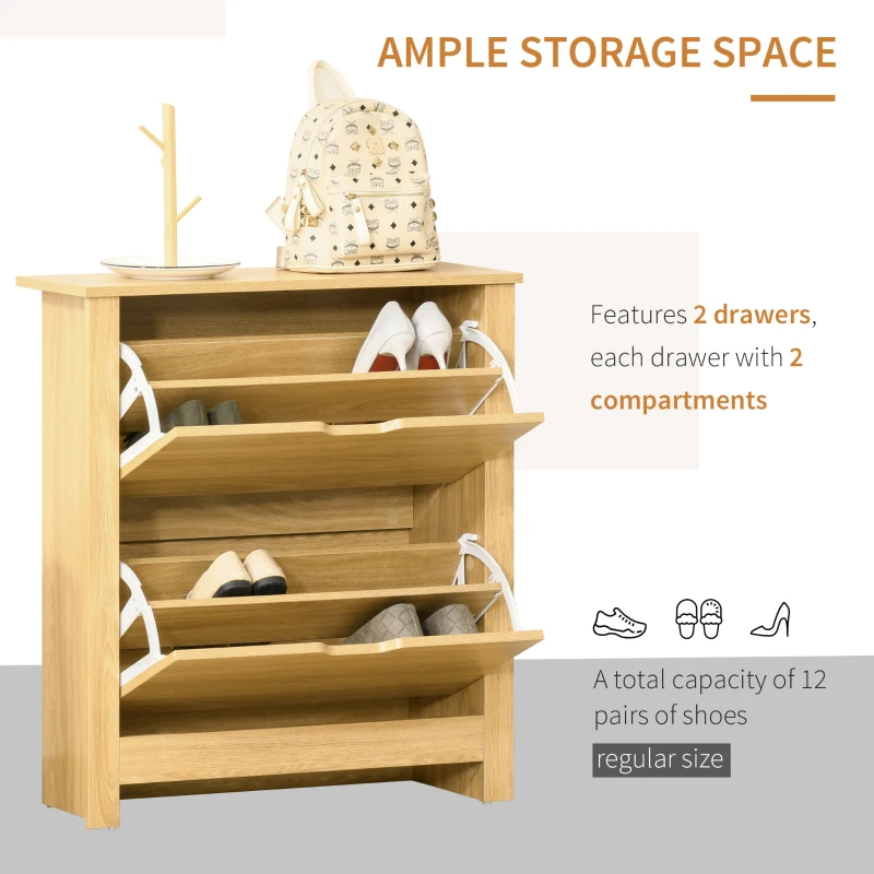 HOMCOM Shoe Storage Cabinet with 2 Flip Drawers and Adjustable Shelves for 8–12 Pairs of Shoes, Natural Wood