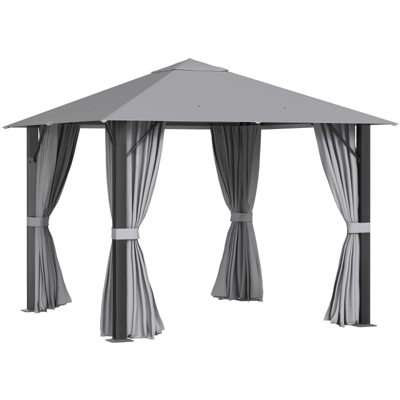 Outsunny 10' x 10' Patio Gazebo Outdoor Aluminum Frame Canopy Shelter with Curtains, Vented Roof for Garden, Lawn, Backyard and Deck, Grey