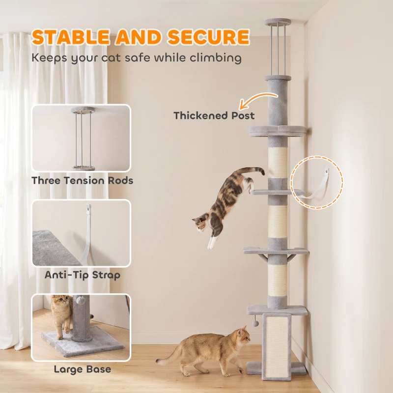 PawHut 90.6" -102.4" Floor-to-Ceiling Cat Tree Adjustable Height with 3-Rod Support, 5-Level Cat Tower, Light Gray