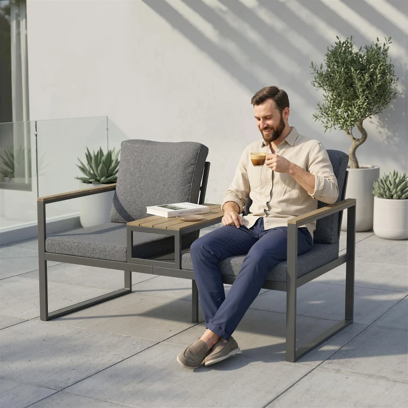 Outsunny Outdoor Garden Bench with Integrated Table, 2 Seater Patio Loveseat with Thick Cushions, 136 cm Grey