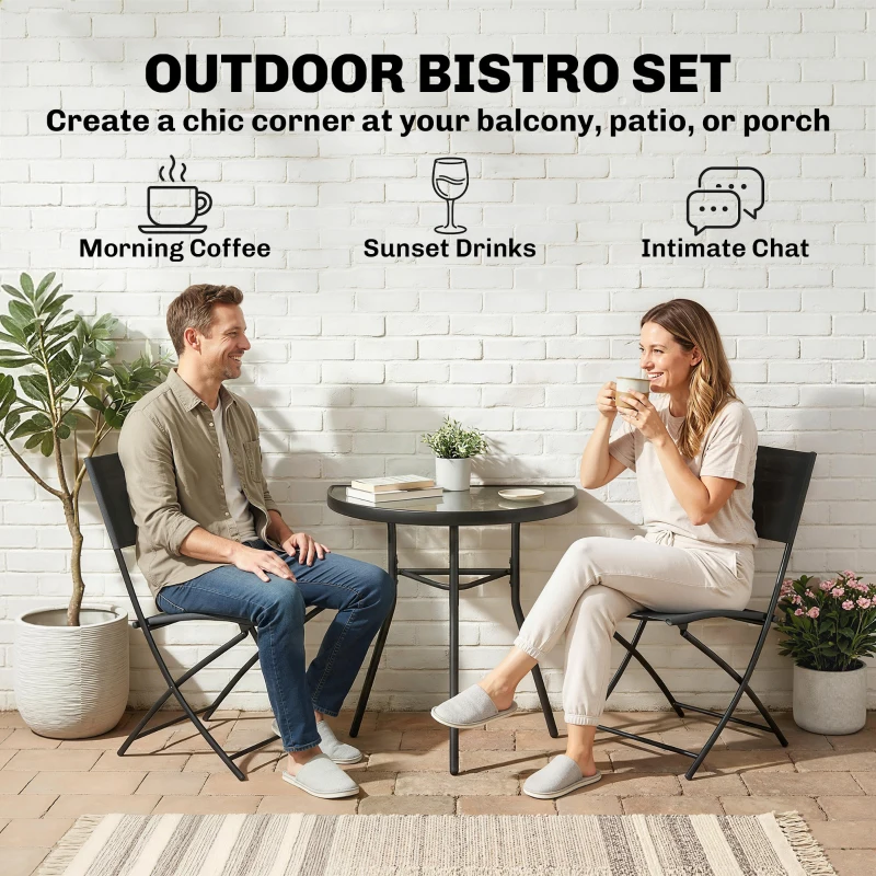 Outsunny Outdoor Bistro Set, 3 Piece Patio Furniture Set with Folding Chairs, Semi-Circle Glass Top Table, Black
