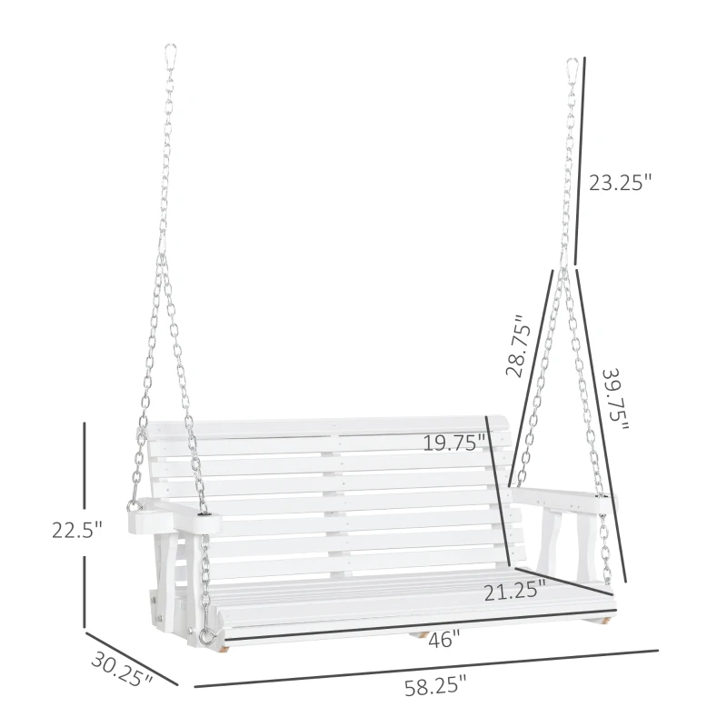 Outsunny 46" 2-Person Porch Swing Wooden Patio Swing Bench with Cup Holders, Slatted Design, Chains, 440lb Weight Capacity, White