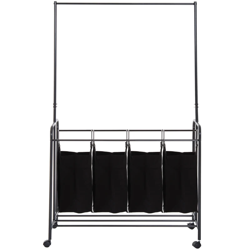 HOMCOM 4-Bag Rolling Laundry Sorter Cart Heavy Duty with Hanging Bar Large Washing Bag and Wheels Laundry Storage Black