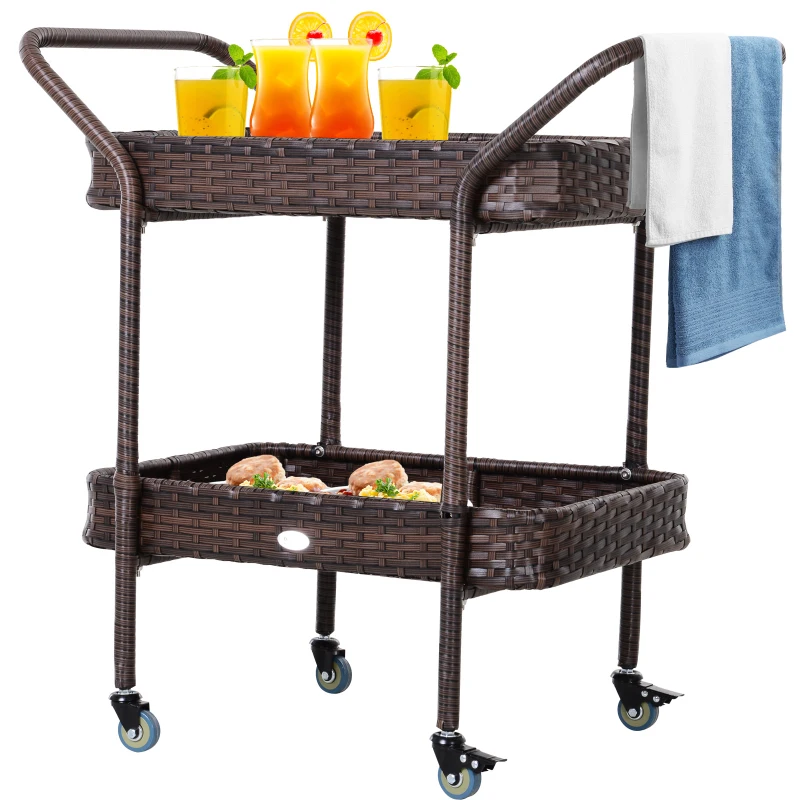 Outsunny PE Rattan Outdoor Bar Table, Outdoor Kitchen Island with 2-Tier Shelf, Wheeled Patio Serving Cart with Brakes for Poolside, Garden, Brown