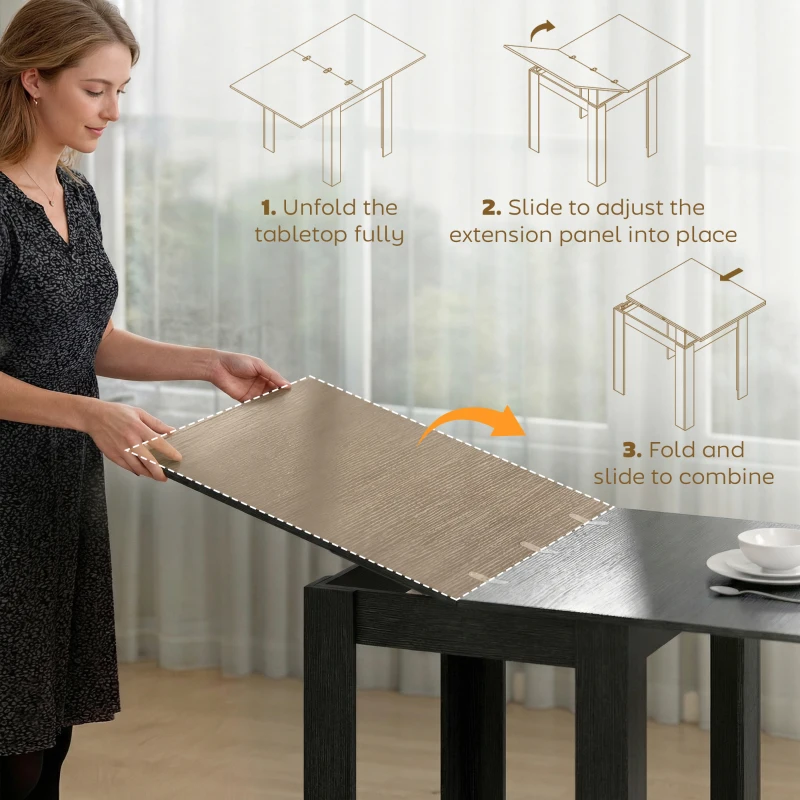 HOMCOM 55" Extendable Dining Table for 4-6, Kitchen Table with Steel Slides and Felt Pads for Small Spaces, Black