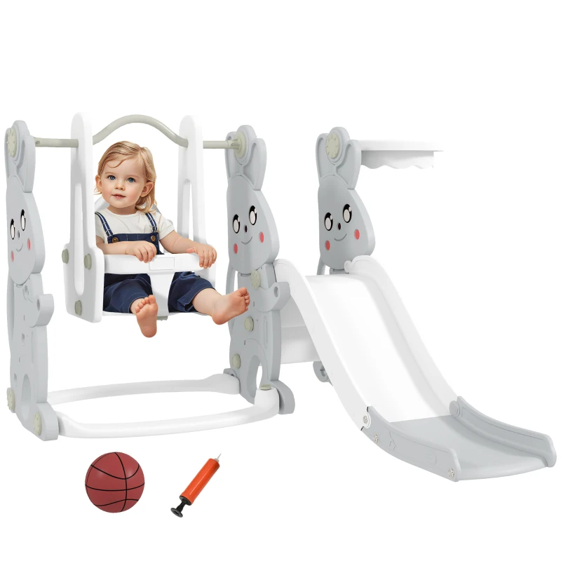 Qaba 4 in 1 Toddler Slide and Swing Set with Climber, Basketball Hoop, Rabbit Themed Kids Playset for Ages 1.5-4, Gray