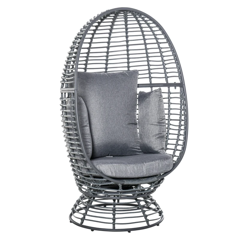 Outsunny Wicker Egg Chair, 360 Rotating Indoor Outdoor Boho Basket Seat with Cushion and Pillows for Backyard, Porch, Patio, Garden, Handwoven All-Weather PE Rattan, Steel Frame, Gray