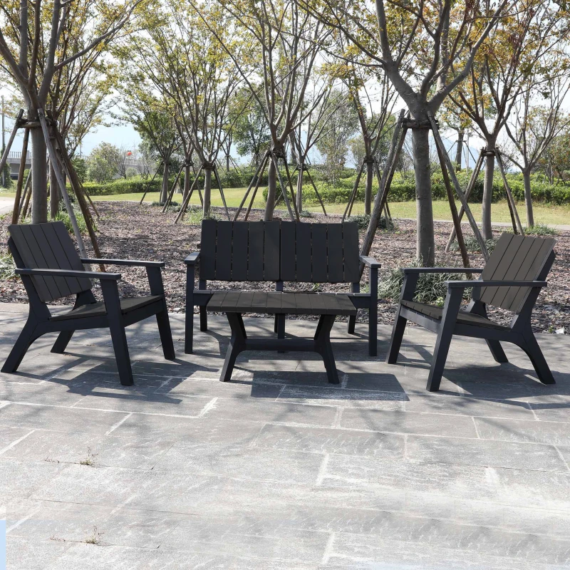 Outsunny 4-Piece Outdoor Patio Conversation Set Garden Furniture Set with Weather-Fighting PP Materials, Adirondack Comfort, & Coffee Table, Light Coffee