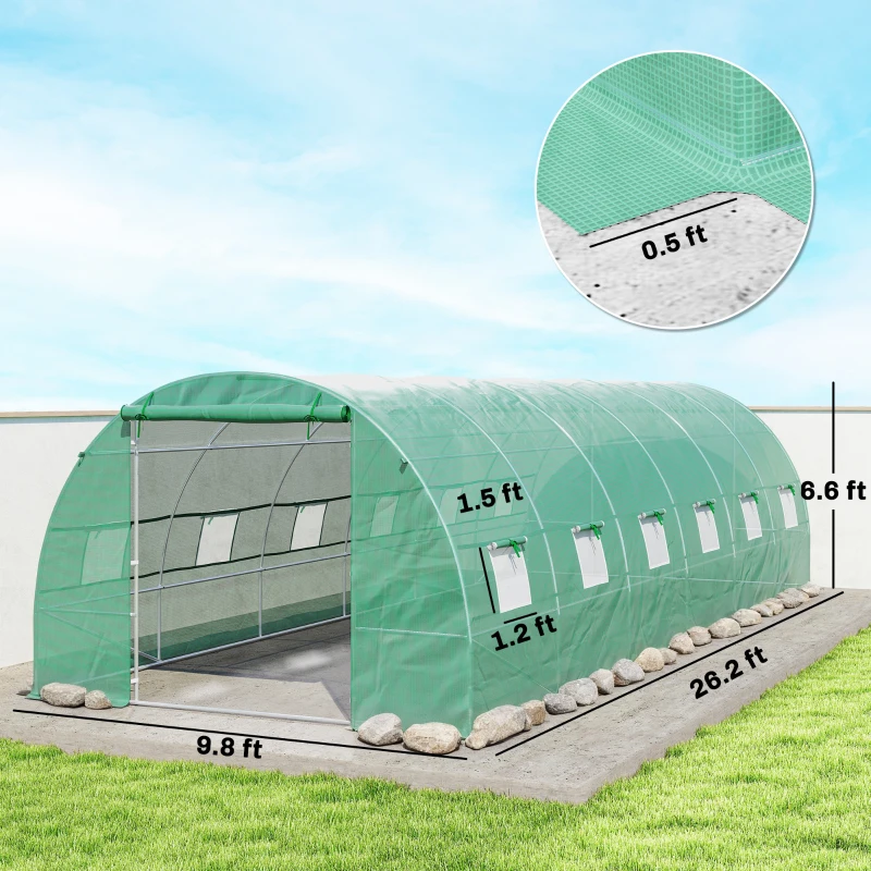 Outsunny 26' x 10' x 6.6' Walk-in Tunnel Hoop Greenhouse, PE Cover, Steel Frame, Roll-Up Zipper Door & 12 Mesh Windows for Flowers, Vegetables, Tropical Plants, Light Green