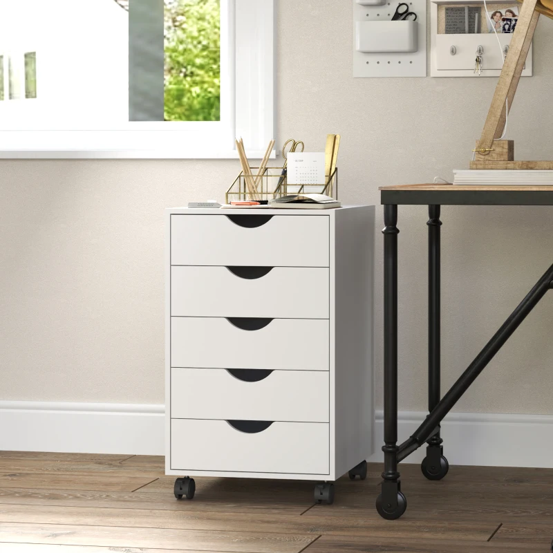 HOMCOM File Cabinet with 5 Drawer Wheels, 15.7" x 15.7" x 26.4", White