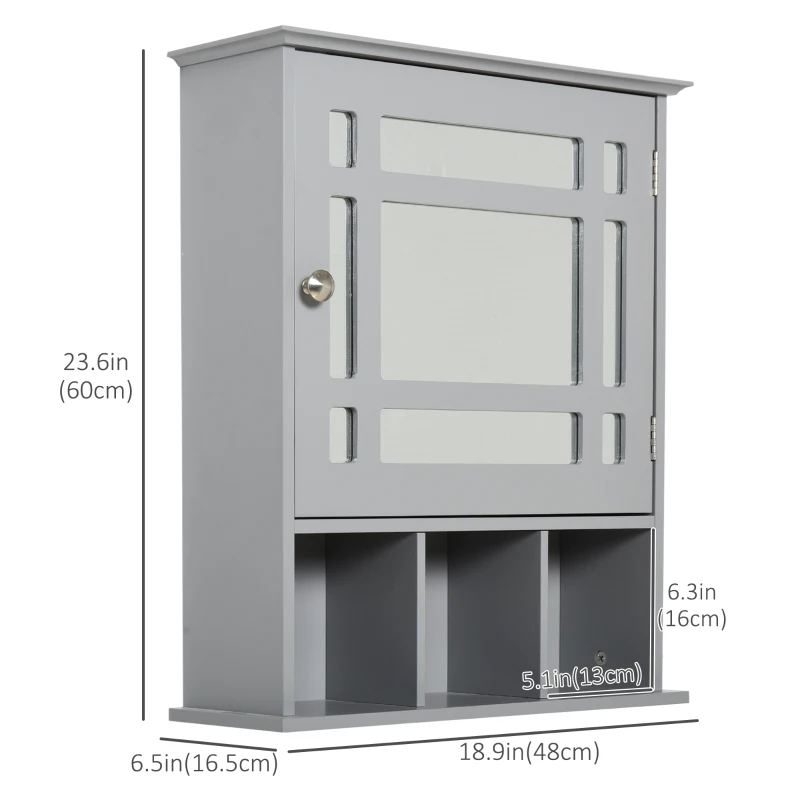 kleankin Bathroom Cabinet Wall Mount with Mirror Door 3 Shelf Organizer for Bathroom, Kitchen, Bedroom, Grey