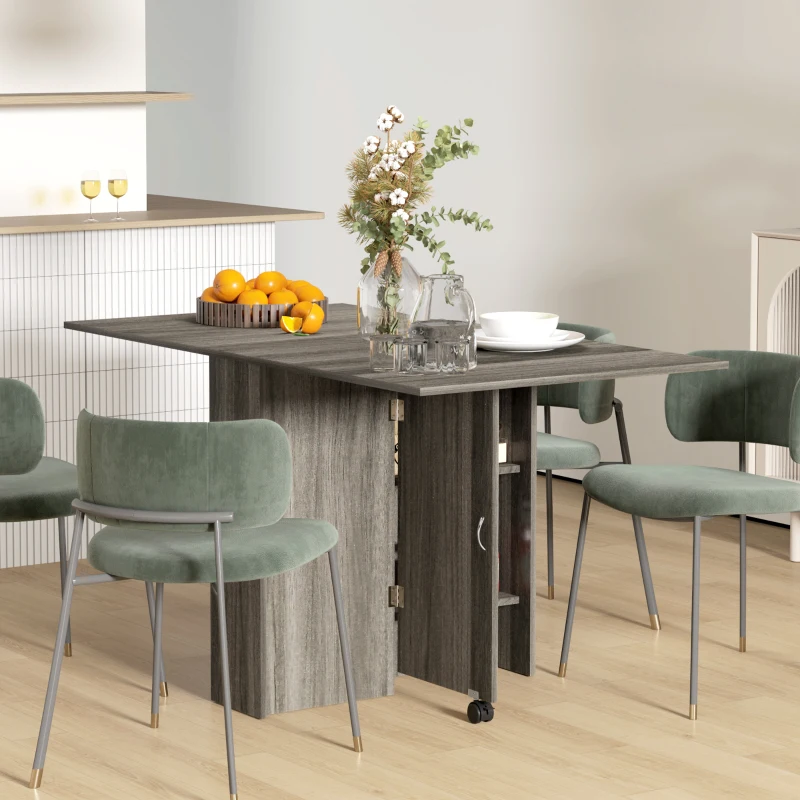HOMCOM Extendable Dining Table, Collapsible Folding Table w/ 2-tier Shelves and Rolling Casters, Grey Wood Grain