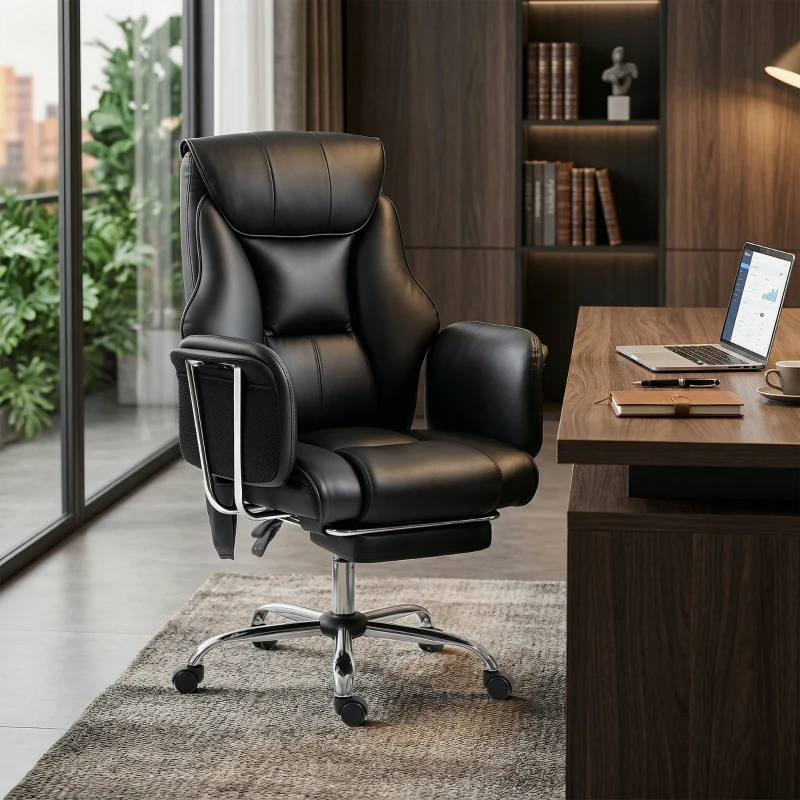 HOMCOM Massage Office Chair with 6 Points Vibration, Executive Desk Chair with High Back, PU Leather, Footrest, Black