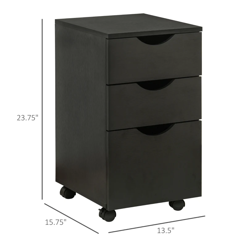 HOMCOM 3 Drawer Mobile File Cabinet with Wheels, Wood Filing Cabinet for Home Office, Rolling Under Desk Cabinet, Black Wood Grain