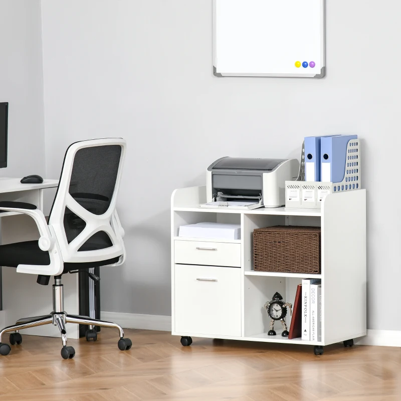 Vinsetto Filing Cabinet Printer Stand Mobile Lateral File Cabinet with 2 Drawers, 3 Open Storage Shelves for Home Office Organization, White
