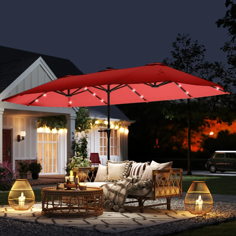 Outsunny 13ft Double-Sided Market Umbrella, Large Patio Umbrella with Solar Lights, Crank Handle for Garden, Pool, Yard, Wine Red